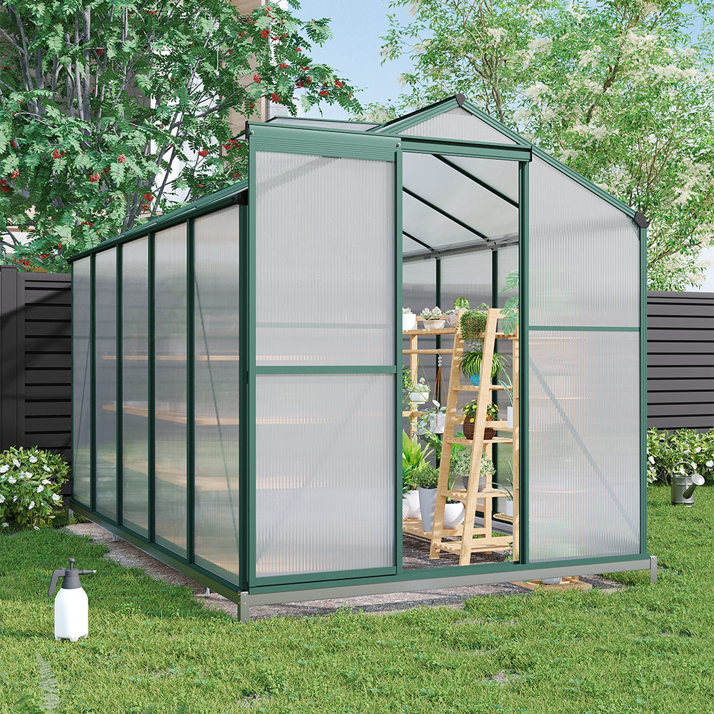 10x6ft Green Polycarbonate Garden Greenhouse with Double Sliding Doors and Roof Vent – Ideal for Vegetable Growing